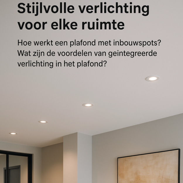 plafond-met-inbouwspots-stijlvolle-verlichting-voor-elke-ruimte Stijlvolle verlichting voor elke ruimte: een strak wit plafond met ingebouwde led-spots boven een modern interieur, met tekst over de werking en voordelen van inbouwspots.